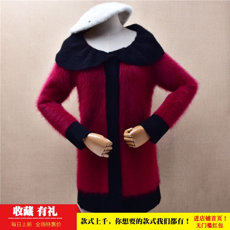 中长款秋冬气质时尚深红色娃娃领ins长毛貂绒修身显瘦外套女574