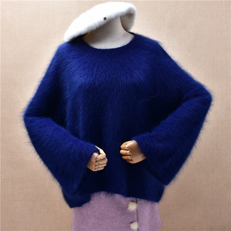 爱客时尚气质深蓝色圆领喇叭袖ins长毛貂绒韩版宽松慵懒套头女189