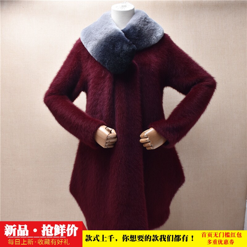 冬季加厚中长款ins长毛貂绒酒红色毛毛高领宽松收腰外套毛衣女389