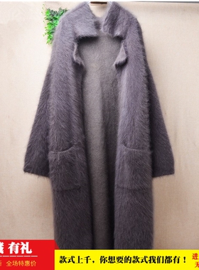 冬季加厚中长款ins长毛貂绒深灰色v领韩版宽松蝙蝠袖外套毛衣106