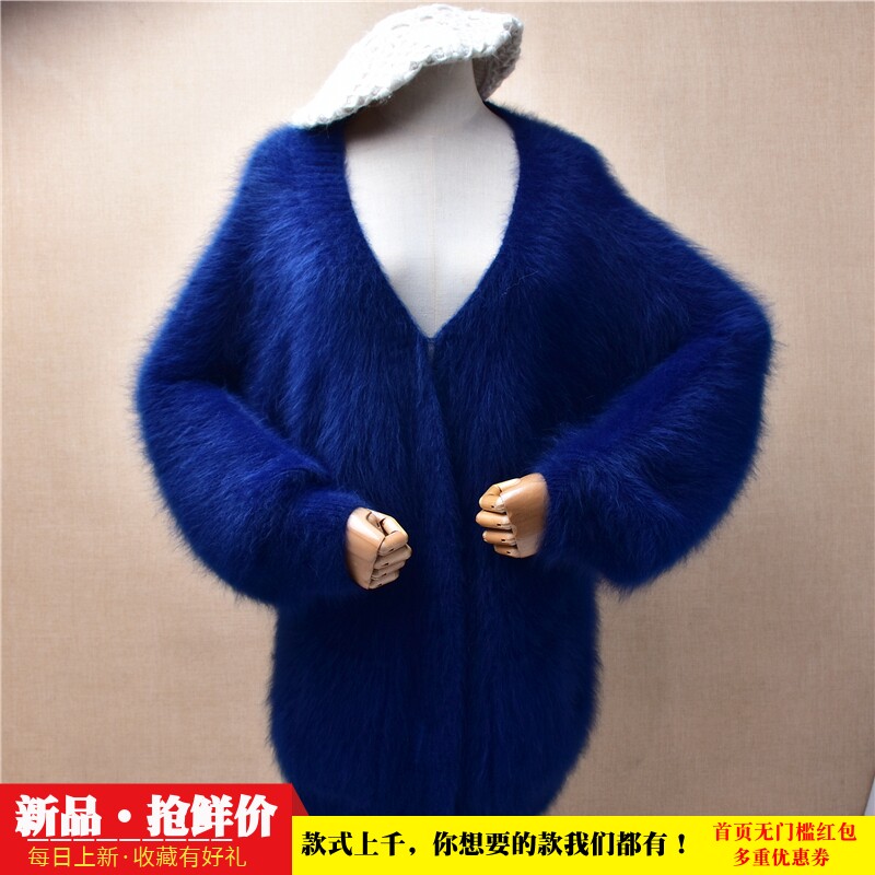 中长款冬季加厚ins长毛貂绒深蓝色v领条纹韩版宽松蝙蝠慵懒外套88