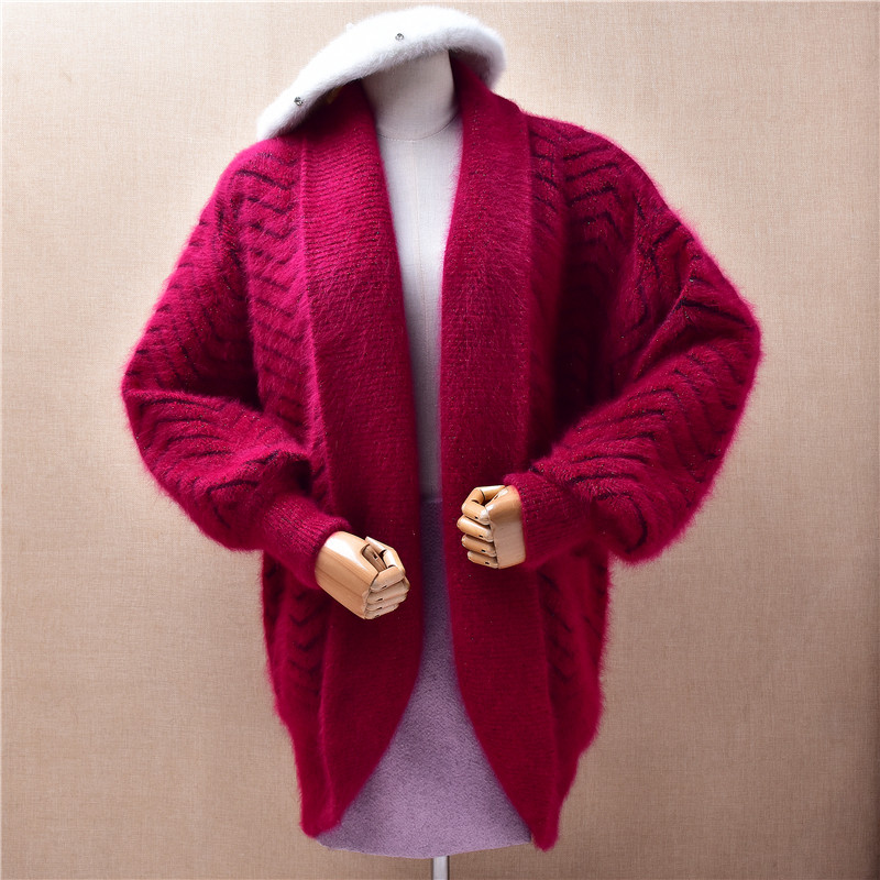 中长款加厚冬季时尚深红色条纹披风ins长毛貂绒宽松慵懒外套女479