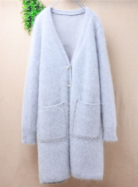 超气质秋冬中长款浅灰色v领印花ins长毛貂绒宽松慵懒风外套女376