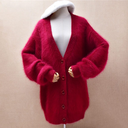 中长款冬季粗砂加厚深红色条纹v领ins长毛貂绒宽松慵懒外套女352