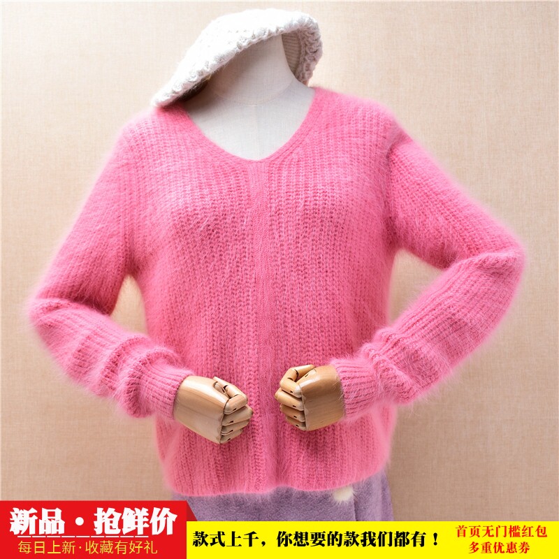 2024秋冬短款ins长毛貂绒西瓜红粗砂条纹v领宽松显瘦套头女116
