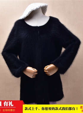 秋冬中长款ins长毛貂绒黑色圆领披风韩版宽松显瘦外套毛衣女489