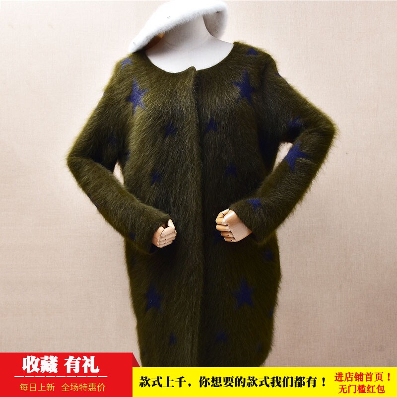 中长款加厚时尚保暖军绿色五星印花ins长毛貂绒宽松慵懒外套女365