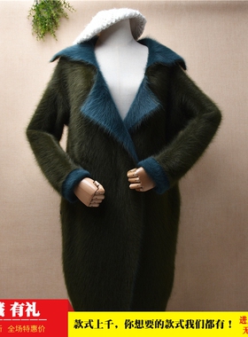 中长款秋冬加厚ins长毛水貂绒军绿色西装领宽松长袖外套毛衣女214