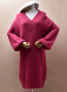 中长款秋冬连衣裙气质砖红色v领灯笼袖ins长毛貂绒宽松套头女144