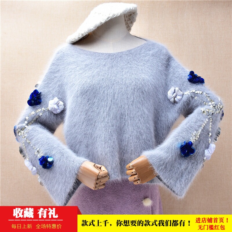 短款小清新秋冬款ins长毛貂绒浅灰色圆领绣花款宽松喇叭袖套头49