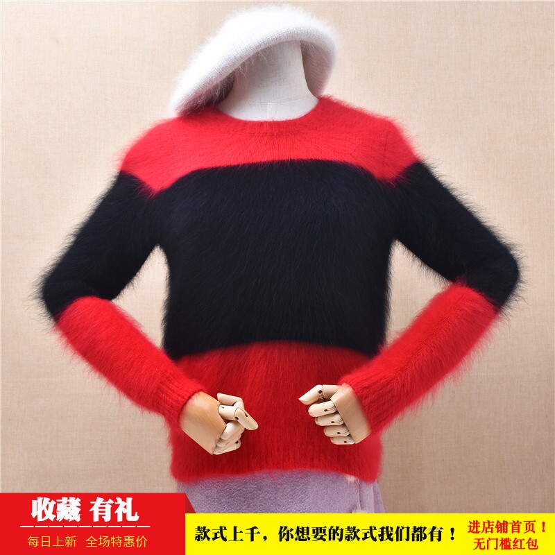 2026秋冬款时尚红黑拼色圆领ins长毛貂绒修身显瘦小码套头女11
