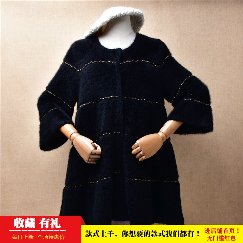 黑色加厚钉珠中长款貂绒外套