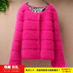 短款小清新长毛貂绒冬季新品玫红色条纹修身显瘦外套学生兔毛毛衣