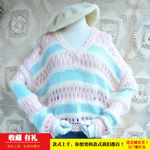 超气质甜美风秋冬款chic彩织拼色条纹v领韩版宽松慵懒套头毛衣37