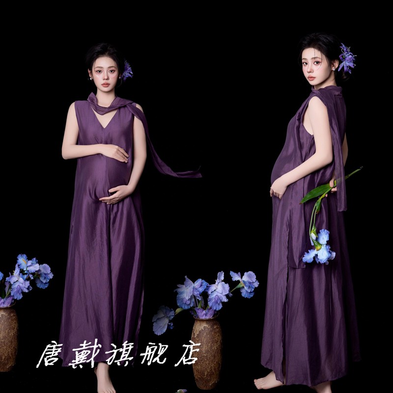 新款简约风影楼孕妇拍照高级感纯欲风紫色连衣裙孕妈咪大肚照写真