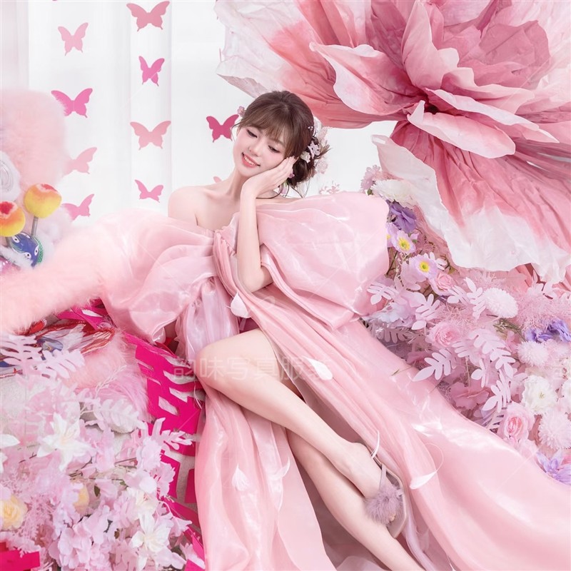新款影楼超仙粉色法式甜美蝴蝶结少女连衣裙写真新娘高级婚纱摄影