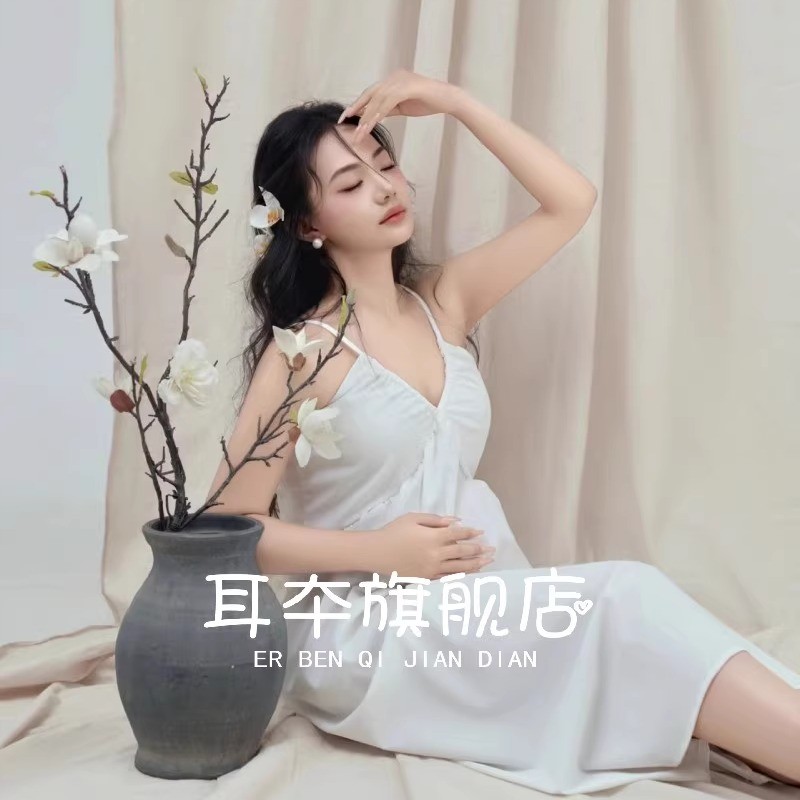影楼新款孕妇摄影服装吊带连衣裙复古甜美白色简约孕妇照摄影服装