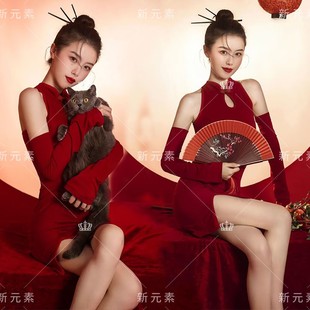 个人写真服装女复古红色中国风旗袍性感女团舞蹈演出影楼拍照服装