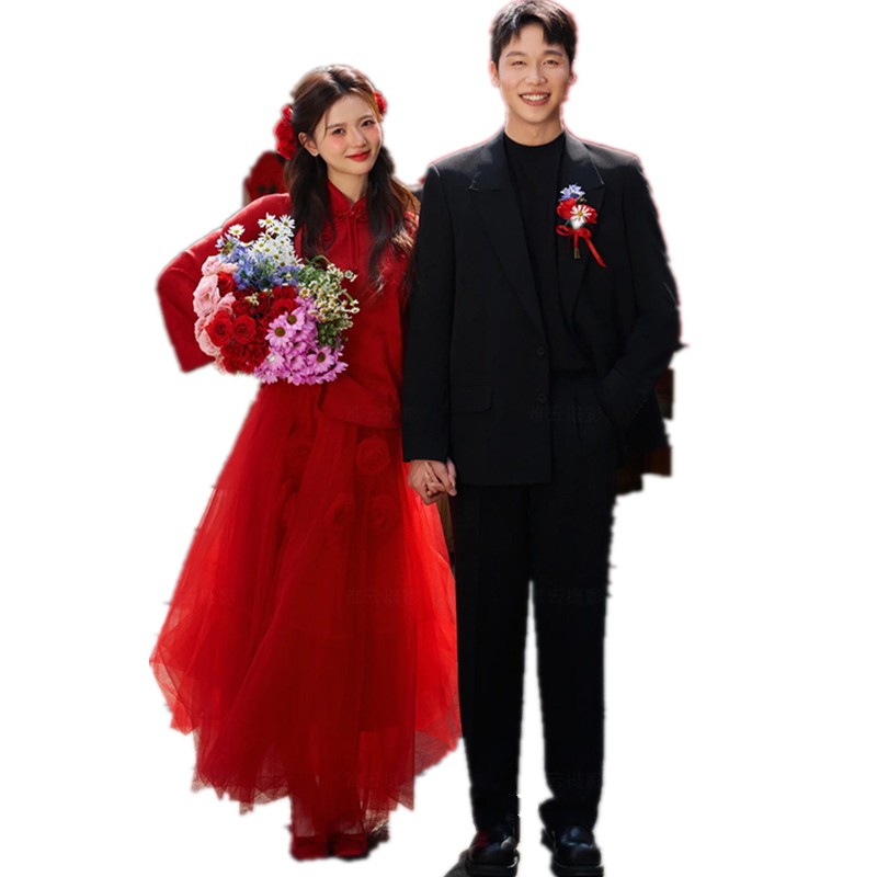 新中式国风订婚新娘改良旗袍纱裙照相馆新款红色喜嫁风婚纱摄影服