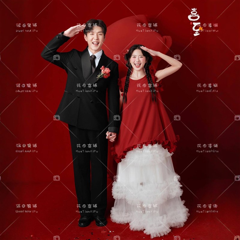 2026新款照相馆红色喜嫁风甜美新中式森系婚纱照礼服晨袍两件套