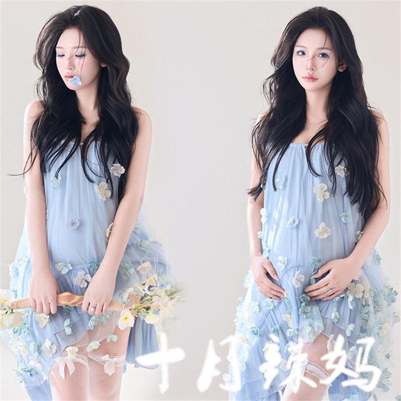 孕妇照服装影楼新款摄影写真唯美多巴胺可爱花朵网纱连衣裙在家拍