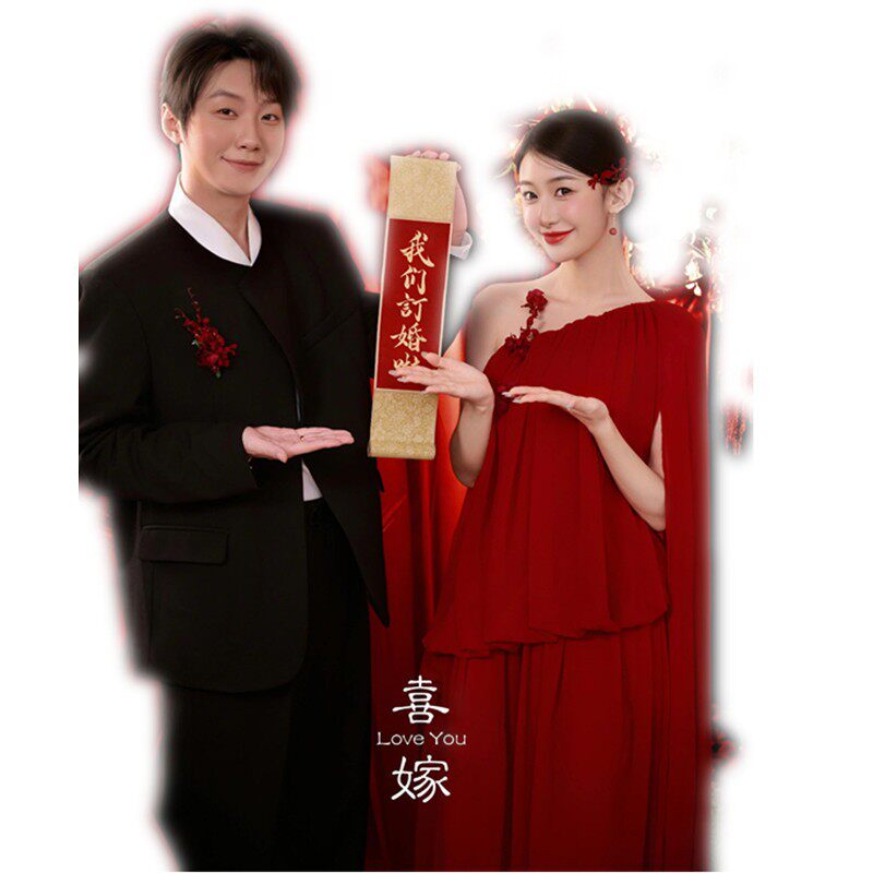 影楼新款复古新中式红色喜嫁风婚纱照连衣裙外景旅拍订婚宴礼服裙