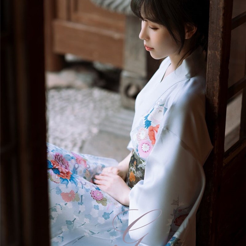 和服女正装传统浅蓝日本振袖和服女日式改良传统日系和风神明少女