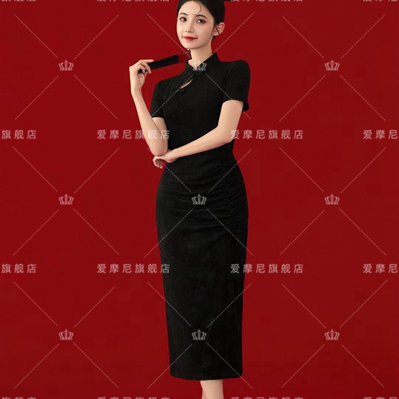 新款影楼新中式写真气质改良版黑色旗袍证件照个人艺术照摄影服装