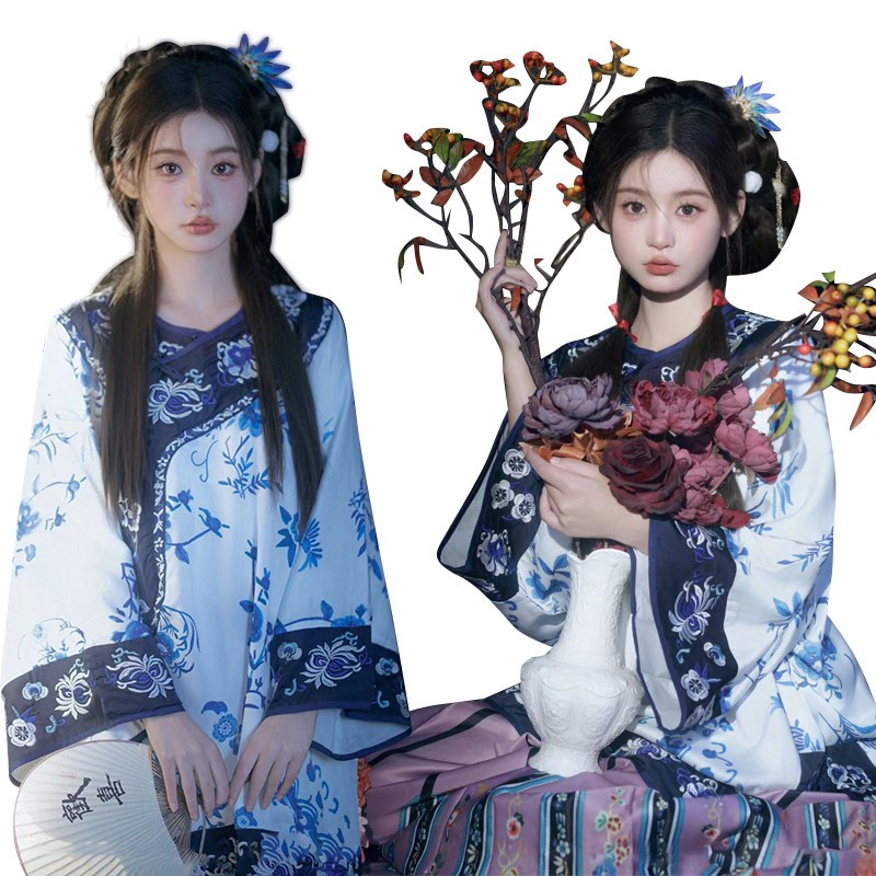 清汉服女旅拍服装青花瓷复古格格服 写真拍照清朝服装均码夏季款