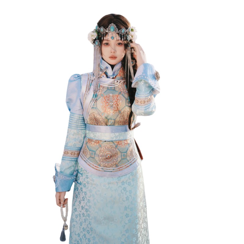 新款蓝色蒙古袍云南大理民族风清新少女西藏旅拍摄影写真蒙古服装
