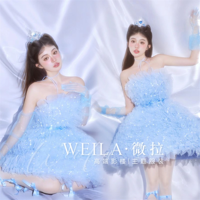 2024新款清新甜美少女生日写真蓝色彩纱公主蓬蓬短裙照相馆拍照服