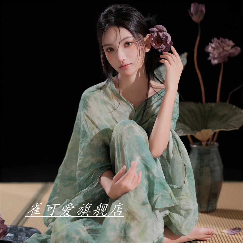 影楼新款新中式连衣裙国风禅意女装V领绿色印花古风改良汉服裙子