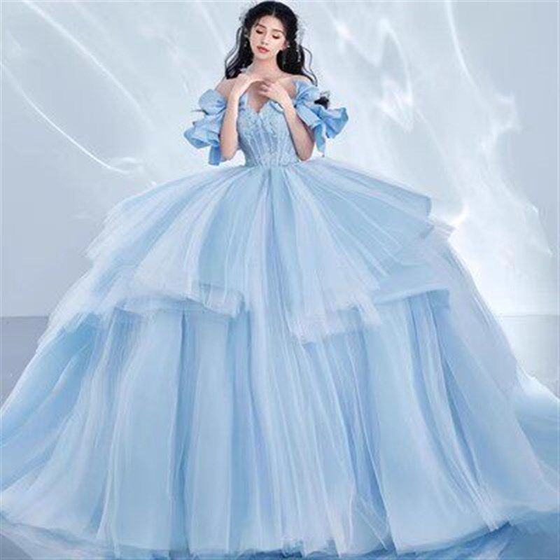 照相馆主题服装情侣写真拍照摄影礼服在逃公主蓝色蓬蓬裙蝴蝶结婚