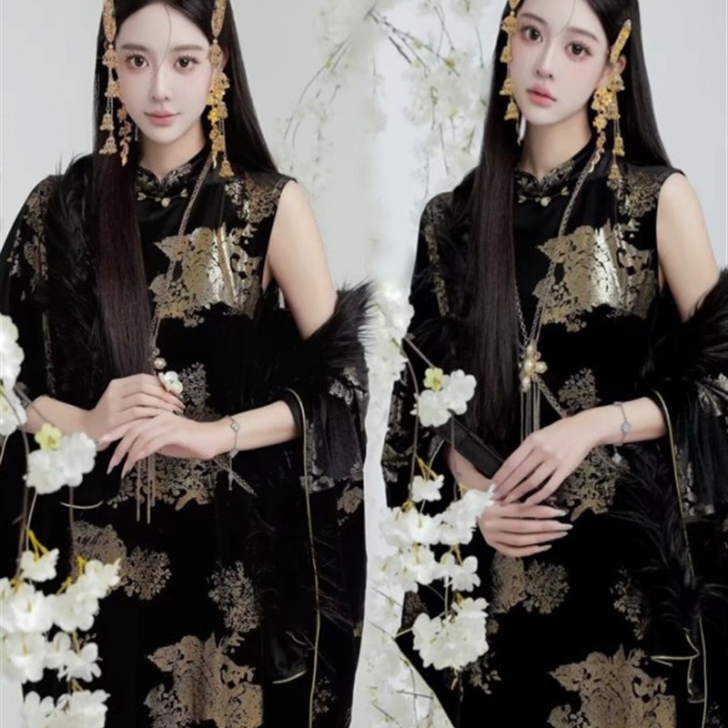 覆古民族风格新中国风丝绒古铜色印花中长黑色连衣裙+披肩披肩外