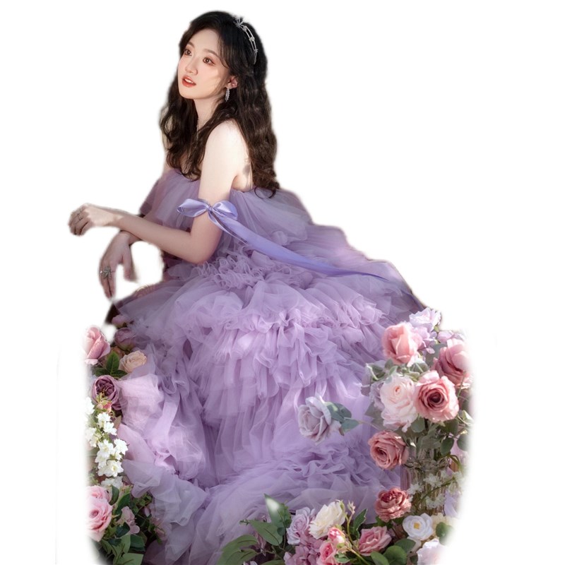 影楼少女生日艺术照服装唯美梦幻紫色轻纱连衣裙彩纱婚纱摄影礼服