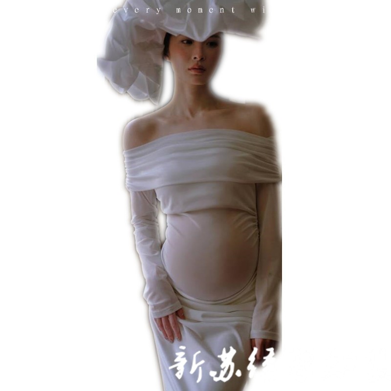 孕妇拍照服装法式纯欲名媛风一字肩洋装孕妈咪大肚写真摄影服饰