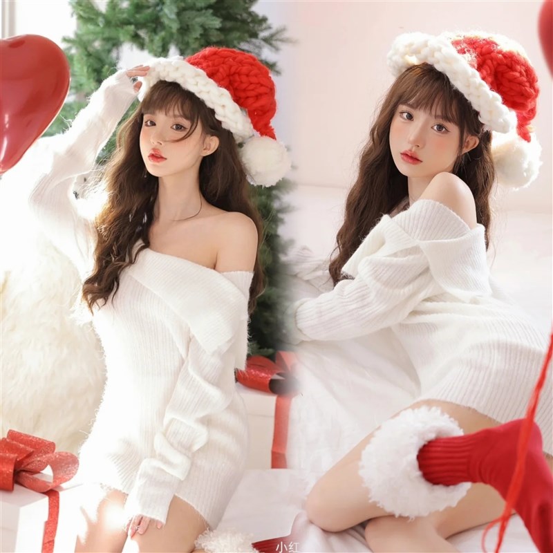新款影楼圣诞写真摄影服装室内纯白冬日主题氛围感毛衣少女艺术照