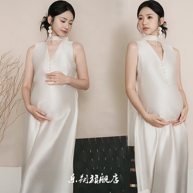 孕妇照写真影楼新款法式高级感连衣裙气质风孕妈咪大肚照在家拍摄
