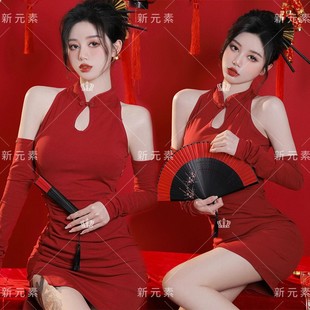 影楼写真服装女复古红色中国风旗袍性感女团舞蹈演出少女拍照服装
