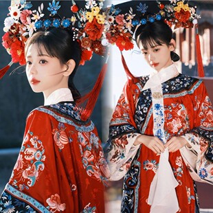 新款宫廷风清代红色印花格格服新中式清朝汉服女旅拍写真摄影服装