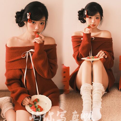 照相馆新款新年主题写真秋冬红色喜庆针织毛衣慵懒风写真艺术照服