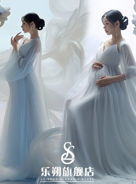 AI龙年新款孕妇拍照服装影楼主题仙气白色雪纺礼服孕妈咪艺术照服
