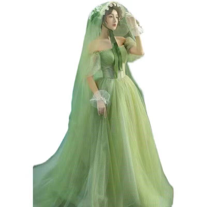 影楼主题小清新法式复古油画风彩纱梦幻绿色轻婚纱礼服摄影拍照服