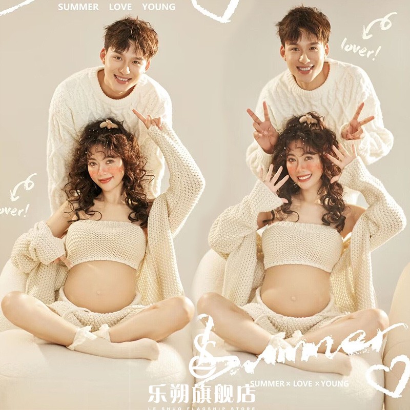 新款影楼孕妇照写真情侣毛衣韩系简约版夫妻艺术照摄影在家拍服装