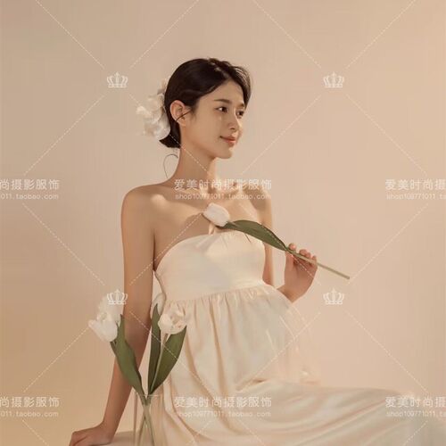 影楼主题孕妇拍照服装新款唯美小清新时尚白色抹胸裙孕妈咪大肚照