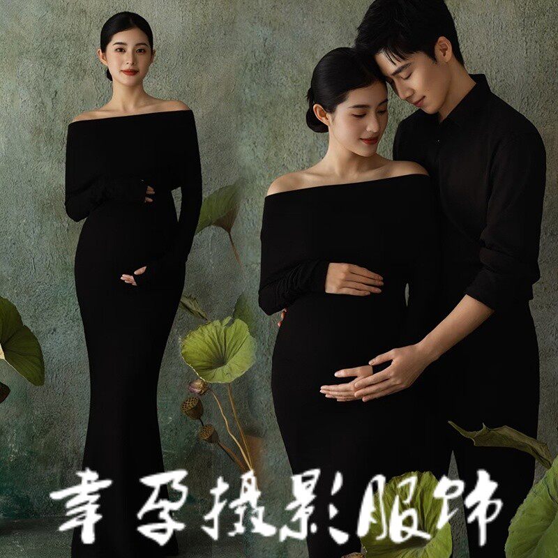 影楼情侣孕妇照服装黑色复古时尚气质一字肩露肩性感连衣裙摄影服