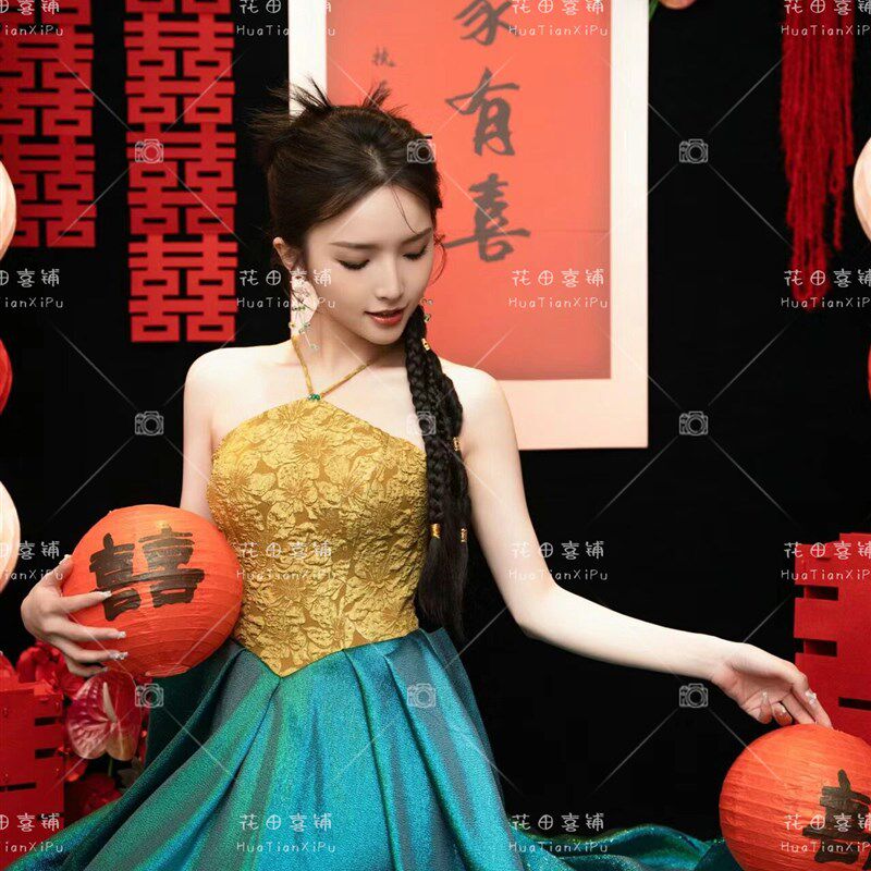 新中式晨袍高端轻奢小众出阁新娘结婚敬酒服订婚洋装晨拍礼服女