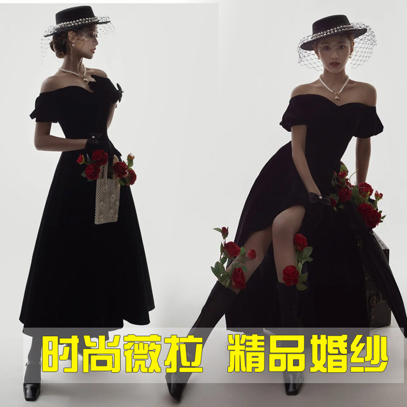 复古法式名媛赫本风黑色一字肩丝绒中裙礼服影楼婚纱主题拍摄服装