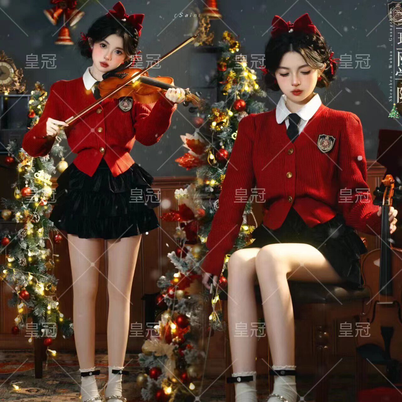 秋冬新款圣诞主题写真服装红色毛衣冬季雪景少女学院风摄影艺术照