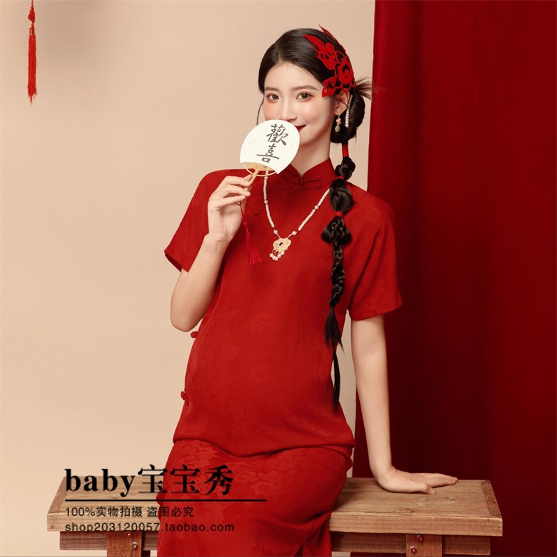 影楼新中式礼服酒红色孕妈新款高级感超仙气质中国风复古订婚裙